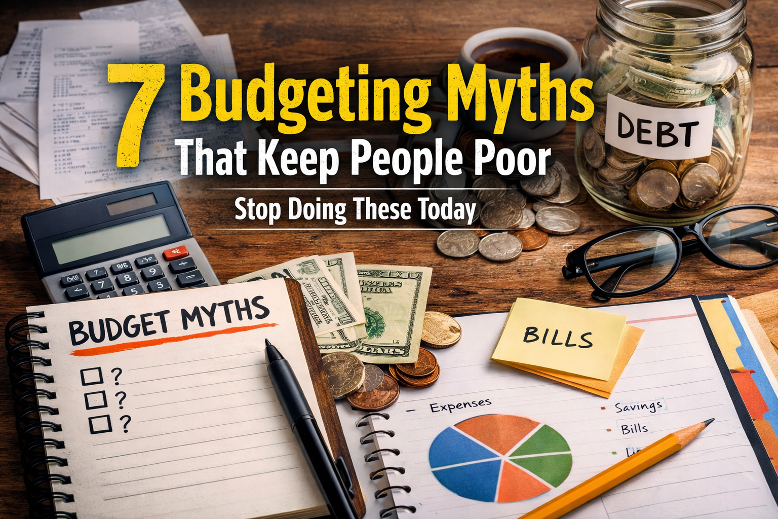Notebook with budgeting myths, calculator, cash, and debt jar representing common financial mistakes that keep people poor