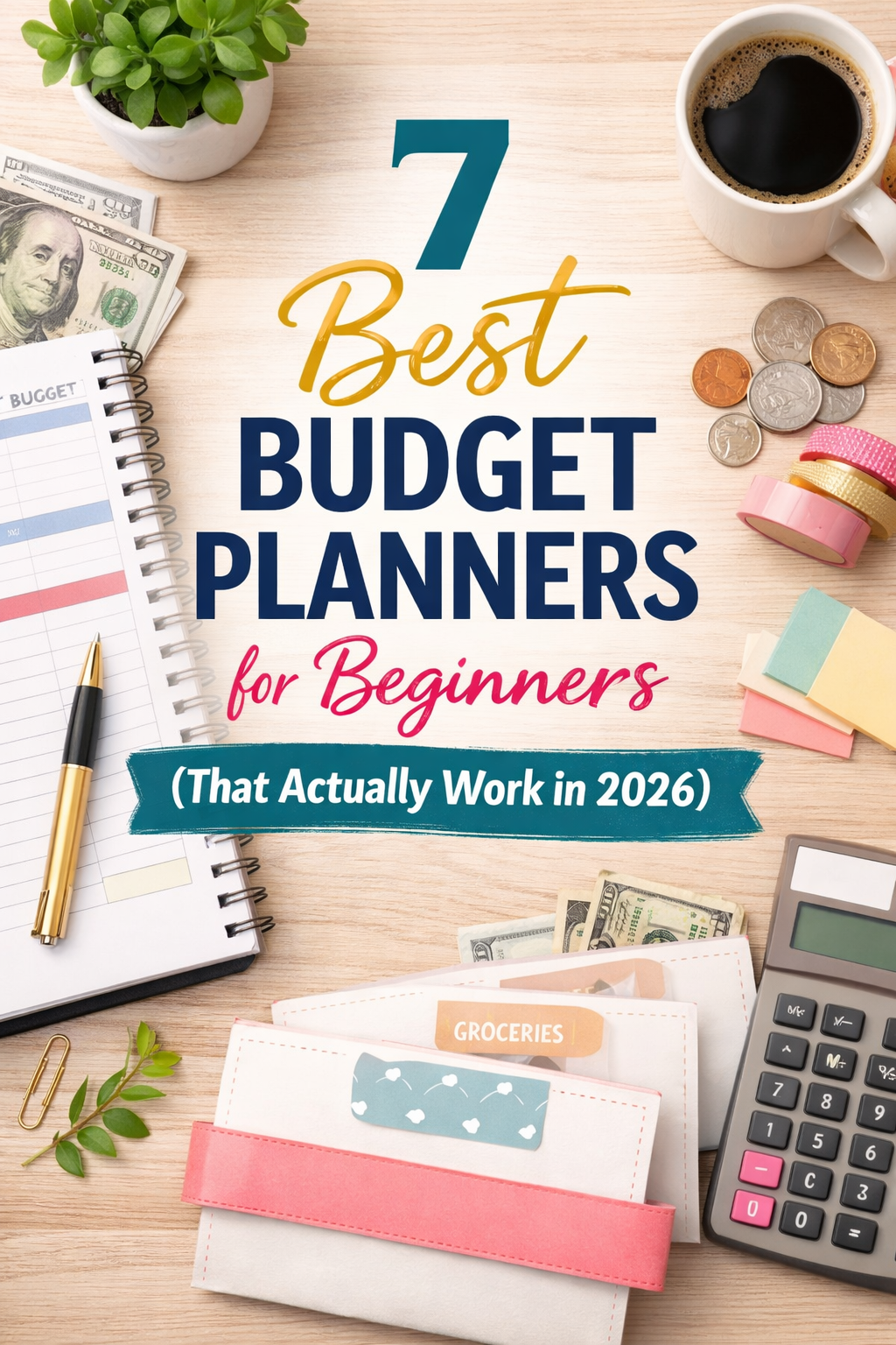 Flat lay of a cozy home desk with an open budget planner, pen, calculator, cash, coins, and a cup of coffee, representing the 7 best budget planners for beginners in 2026 for frugal living and household budgeting.