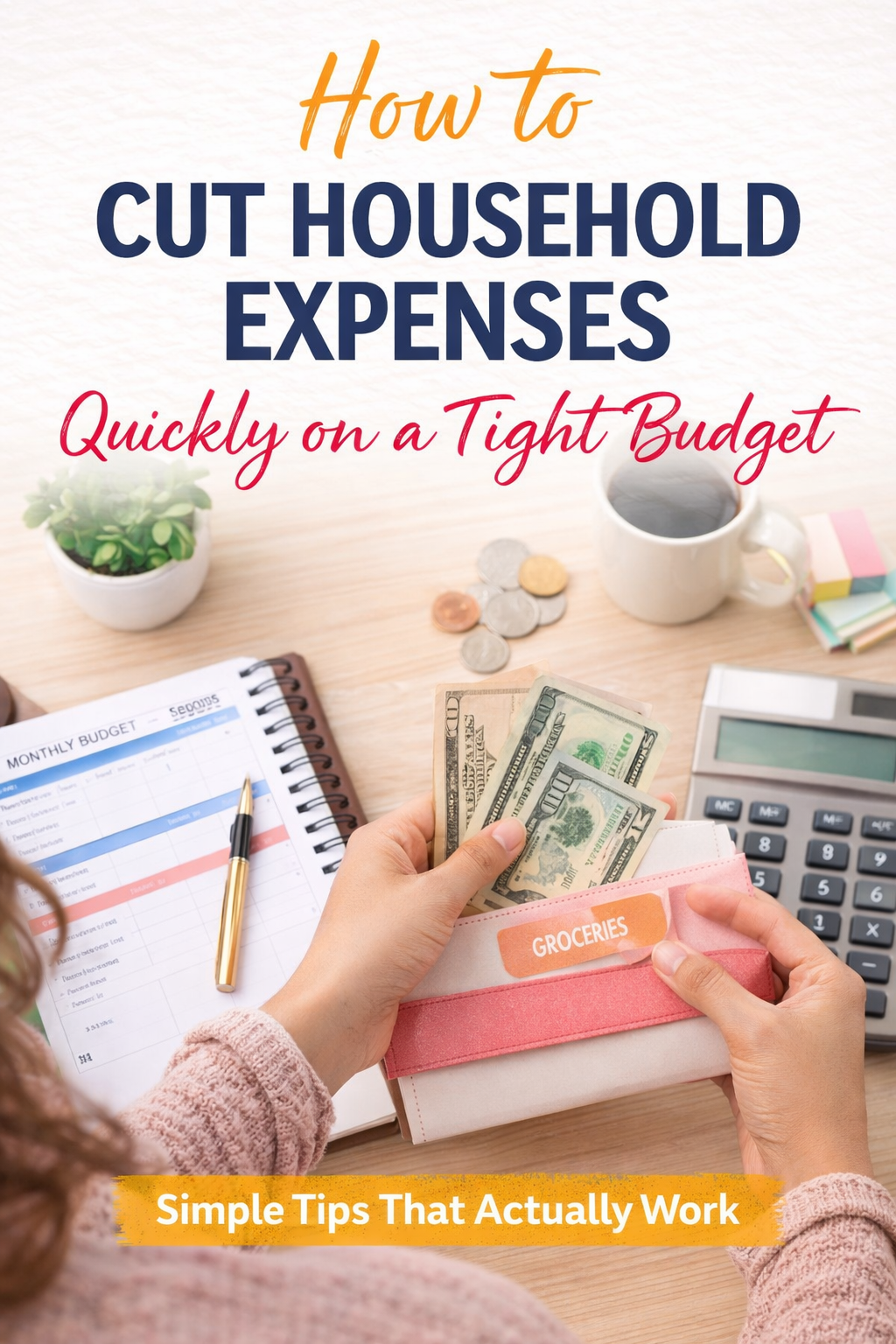 Person using a budget planner with cash, calculator, and notebook to cut household expenses quickly on a tight budget and manage monthly finances
