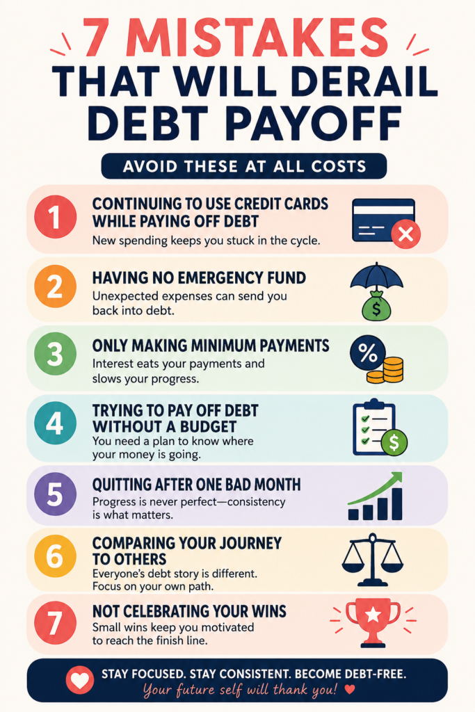 A clean info-graphic titled “7 Mistakes That Will Derail Debt Payoff.” The design uses soft pastel sections with simple finance icons and bold typography. It lists common debt payoff mistakes including using credit cards while paying debt, not having an emergency fund, making minimum payments, avoiding budgeting, quitting after setbacks, comparing financial journeys, and not celebrating progress. The layout is modern, minimal, and optimised for social media sharing.