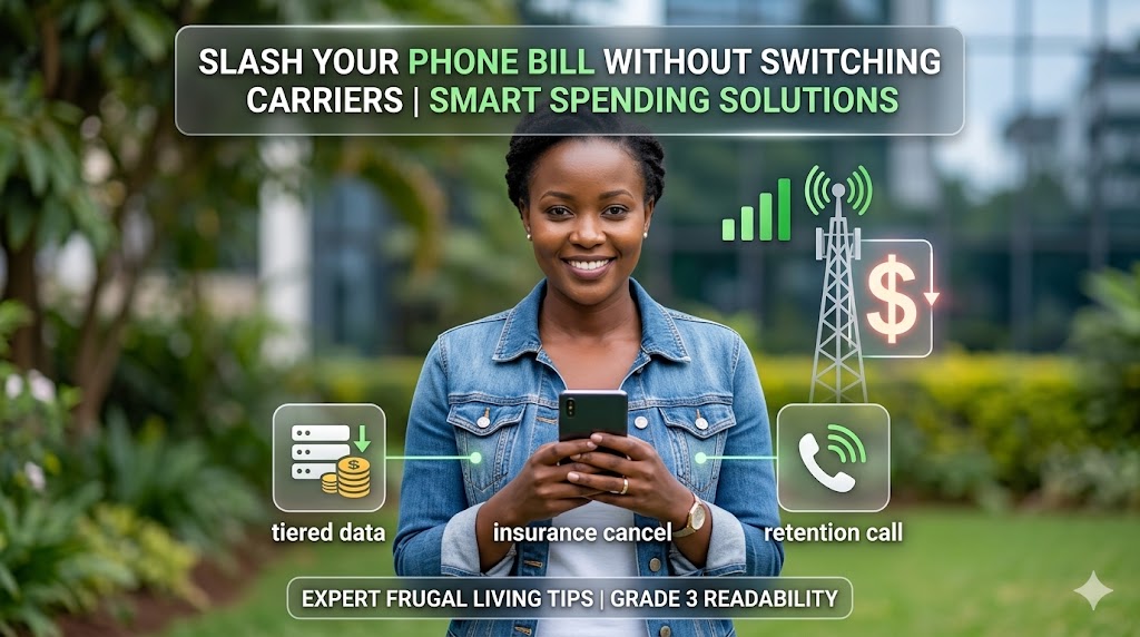 smiling professional woman in a denim jacket holding a smartphone in a lush garden, featuring digital icons for data savings, insurance cancellation, and carrier negotiation.