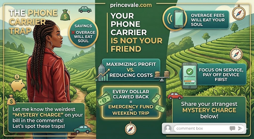 How to Lower Your Phone Bill Without Changing Carriers! The Phone Carrier Trap." It features a woman with braided hair and a red jacket from image_34.png, looking out over lush green tea fields in Kenya. The image includes text boxes with advice like "Your phone carrier is not your friend," "Overage fees will eat your soul," and "Share your strangest mystery charge below," along with money-saving icons and the website princevale.com at the top.