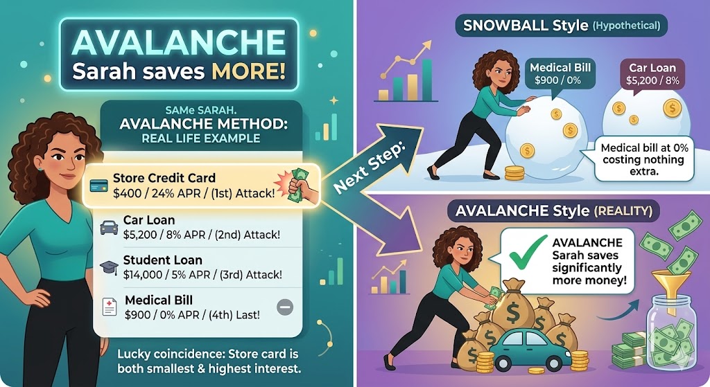 Please note that while the text on the right side provides a great conceptual overview, the left side includes significant rendering errors in the list of debts, making the specific balances, interest rates, and minimum payments unreadable as actual data points.