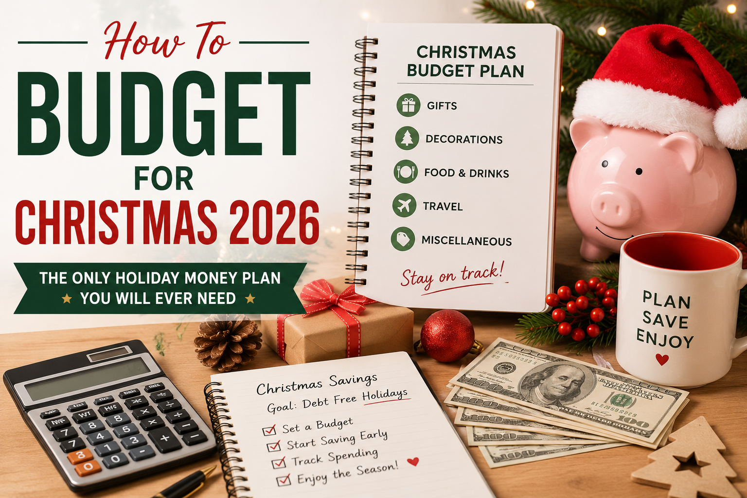 Christmas 2026 budget planner with calculator, savings notebook, holiday gifts, cash, piggy bank, and festive decorations showing how to budget and save money for Christmas.